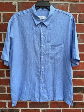 Haris Cotton Made in Greece XXL Linen Light Blue Short-Sleeve Button-Up Shirt F7